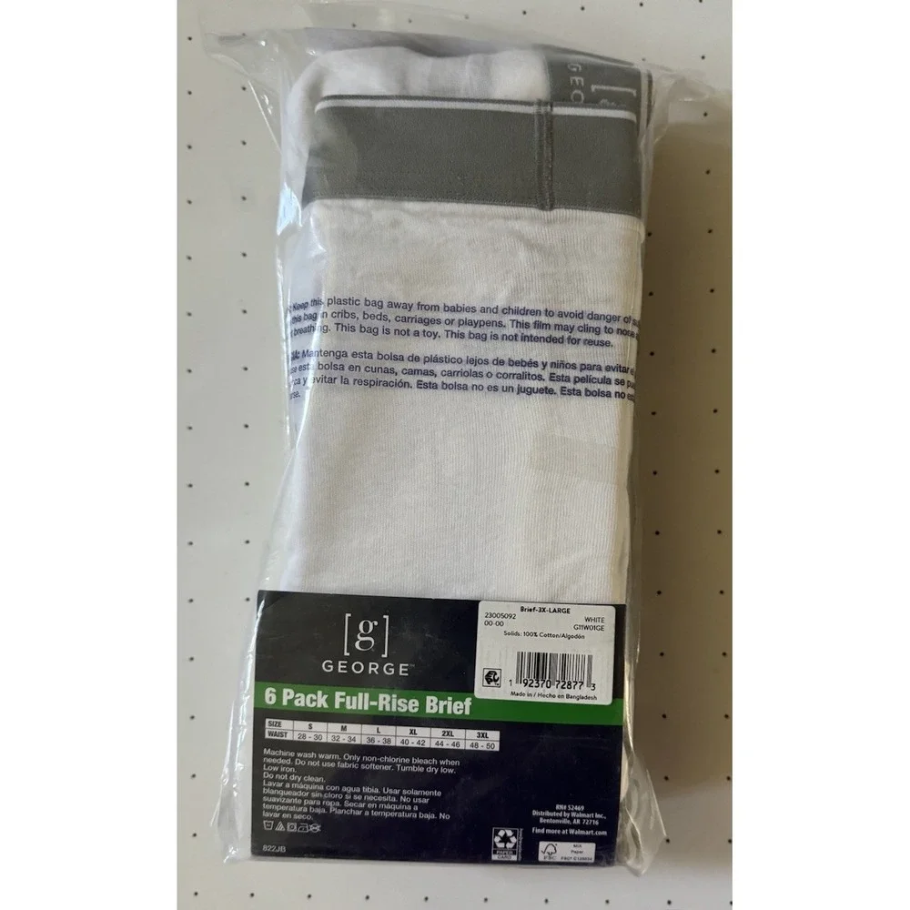 George Full Rise Briefs Men Size 3XL (48-50)‎ White Underwear Cotton 6pack NEW
